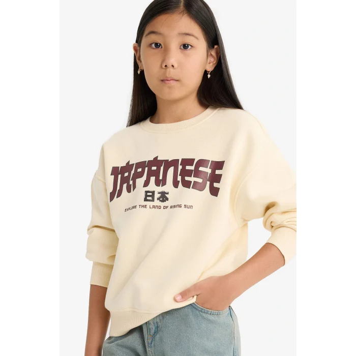 Defacto E6779A8ER134 Ekru Kız Çocuk Relax Fit Bisiklet Yaka Baskılı İçi Yumuşak Tüylü Sweatshirt