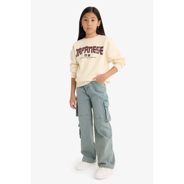 Defacto E6779A8ER134 Ekru Kız Çocuk Relax Fit Bisiklet Yaka Baskılı İçi Yumuşak Tüylü Sweatshirt