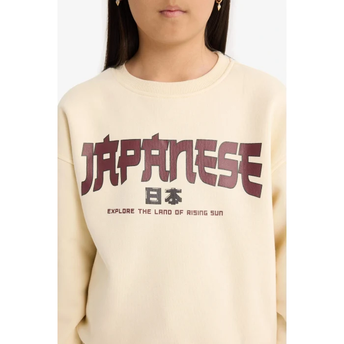 Defacto E6779A8ER134 Ekru Kız Çocuk Relax Fit Bisiklet Yaka Baskılı İçi Yumuşak Tüylü Sweatshirt