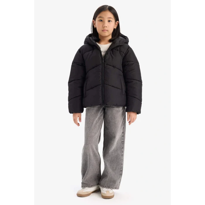 Defacto C5389A8BK27 Siyah Kız Çocuk Su Geçirmez Kapüşonlu Fermuarlı Şişme Mont