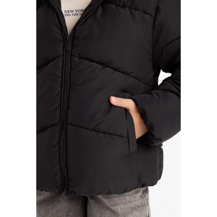 Defacto C5389A8BK27 Siyah Kız Çocuk Su Geçirmez Kapüşonlu Fermuarlı Şişme Mont