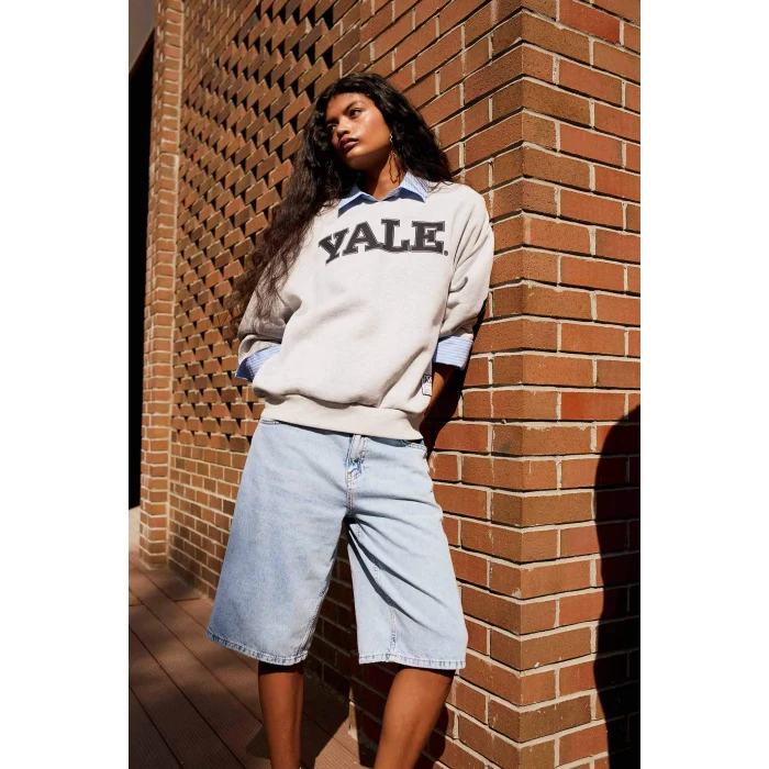 Defacto F9527AXGR210 Gri Coool Yale University Oversize Geniş Kalıp Bisiklet Yaka Sweatshirt