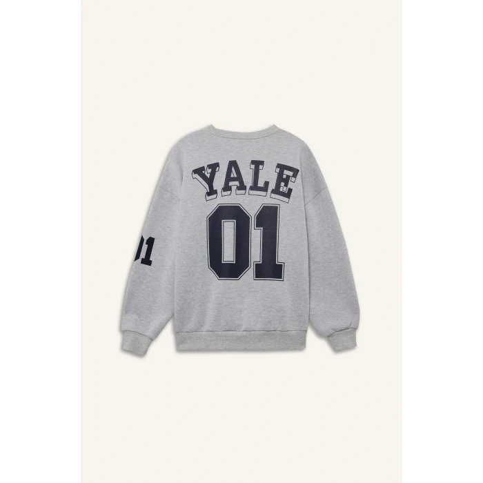 Defacto F9527AXGR210 Gri Coool Yale University Oversize Geniş Kalıp Bisiklet Yaka Sweatshirt