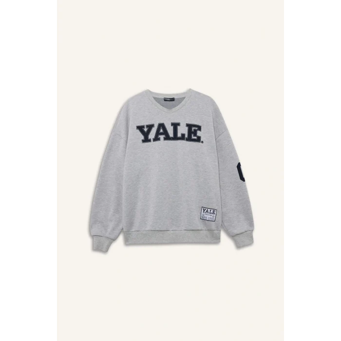 Defacto F9527AXGR210 Gri Coool Yale University Oversize Geniş Kalıp Bisiklet Yaka Sweatshirt