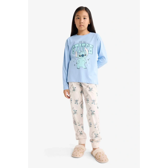 Defacto F7357A8BE768 Mavi Kız Çocuk Disney Lilo & Stitch Pijama Takımı Uzun Kollu Üst Uzun Alt