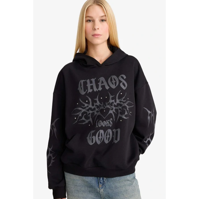 Defacto G1223AXBK81 Siyah Coool Oversize Geniş Kalıp Kapüşonlu Baskılı Sweatshirt