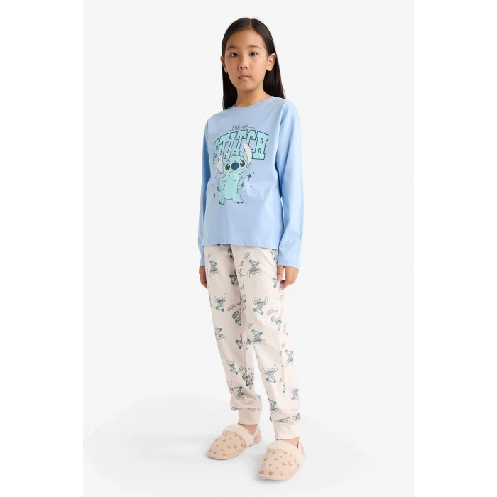 Defacto F7357A8BE768 Mavi Kız Çocuk Disney Lilo & Stitch Pijama Takımı Uzun Kollu Üst Uzun Alt