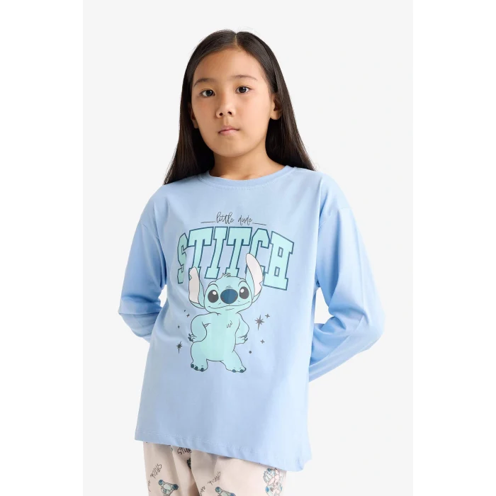 Defacto F7357A8BE768 Mavi Kız Çocuk Disney Lilo & Stitch Pijama Takımı Uzun Kollu Üst Uzun Alt