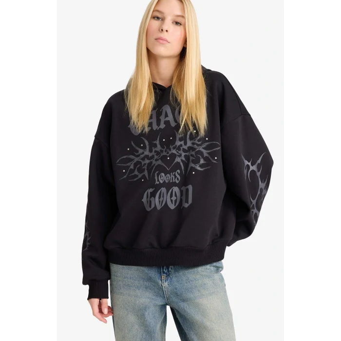 Defacto G1223AXBK81 Siyah Coool Oversize Geniş Kalıp Kapüşonlu Baskılı Sweatshirt
