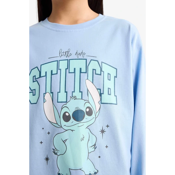 Defacto F7357A8BE768 Mavi Kız Çocuk Disney Lilo & Stitch Pijama Takımı Uzun Kollu Üst Uzun Alt