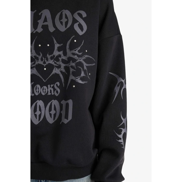 Defacto G1223AXBK81 Siyah Coool Oversize Geniş Kalıp Kapüşonlu Baskılı Sweatshirt