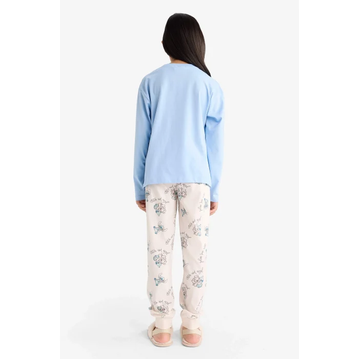 Defacto F7357A8BE768 Mavi Kız Çocuk Disney Lilo & Stitch Pijama Takımı Uzun Kollu Üst Uzun Alt