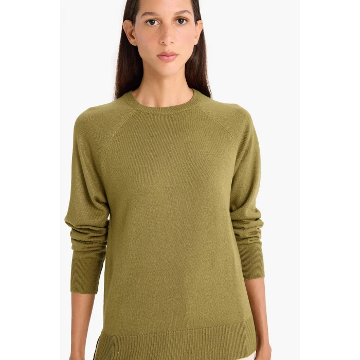 Defacto I6913AZKH463 Haki Relax Fit Bisiklet Yaka Basic Düz Triko Kazak