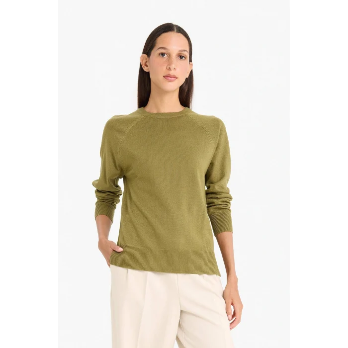 Defacto I6913AZKH463 Haki Relax Fit Bisiklet Yaka Basic Düz Triko Kazak