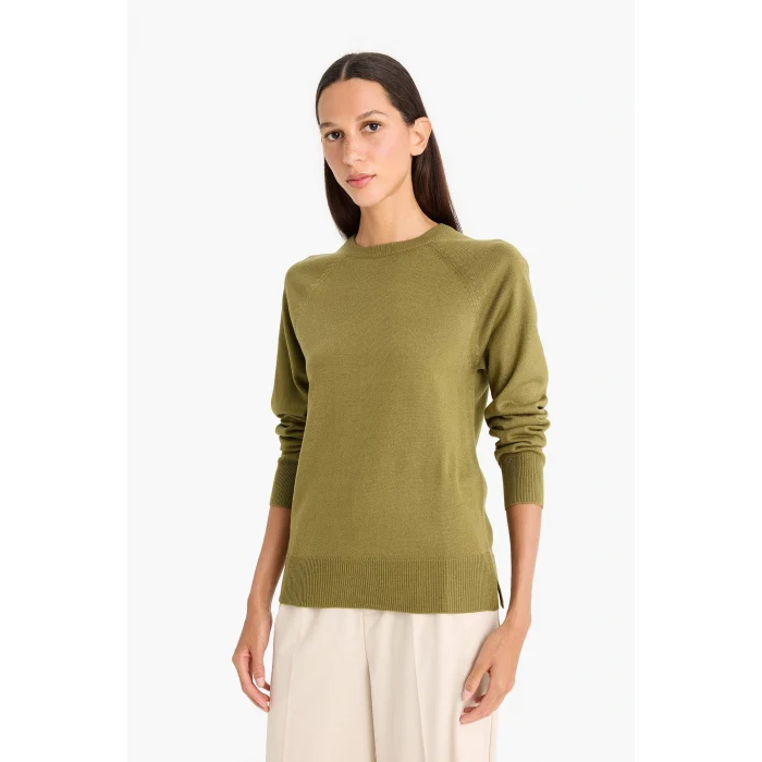 Defacto I6913AZKH463 Haki Relax Fit Bisiklet Yaka Basic Düz Triko Kazak