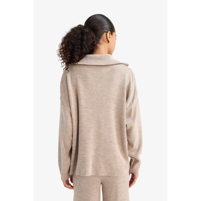 Defacto F2907AXBG369 Bej Regular Fit Yarım Fermuarlı Triko Kazak