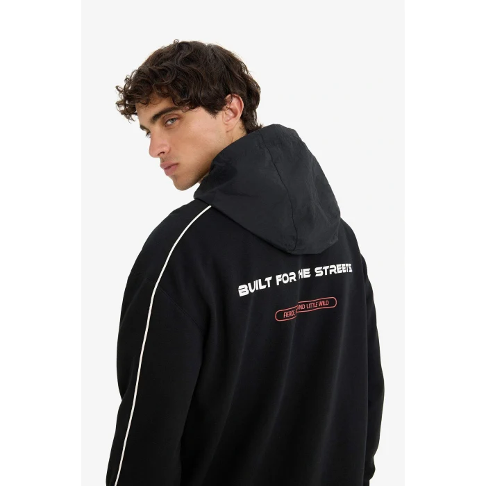 Defacto E9330AXBK81 Siyah Boxy Fit Kapüşonlu Baskılı Sweatshirt