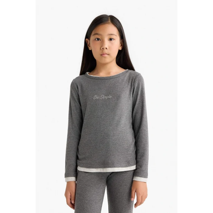 Defacto G0119A8AR84 Antrasit Kız Çocuk 2li Takım Baskılı Uzun Kollu Tişört Eşofman Altı