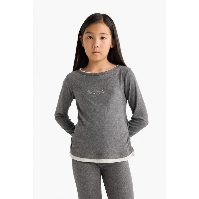 Defacto G0119A8AR84 Antrasit Kız Çocuk 2li Takım Baskılı Uzun Kollu Tişört Eşofman Altı