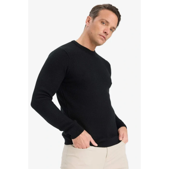 Defacto C8814AXBK27 Siyah Standart Fit Normal Kesim Bisiklet Yaka Dokulu Triko Kazak