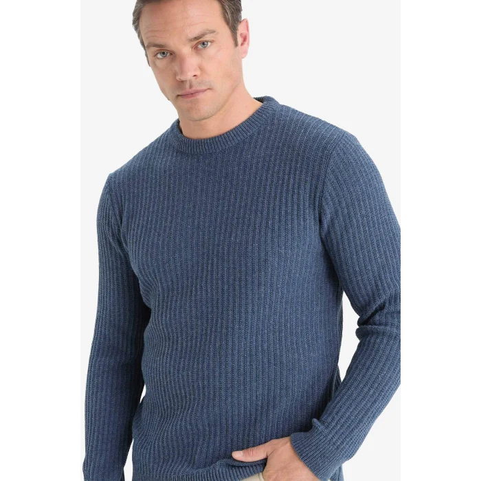 Defacto E0811AXIN34 İndigo Standart Fit Bisiklet Yaka Basic Dokulu Triko Kazak