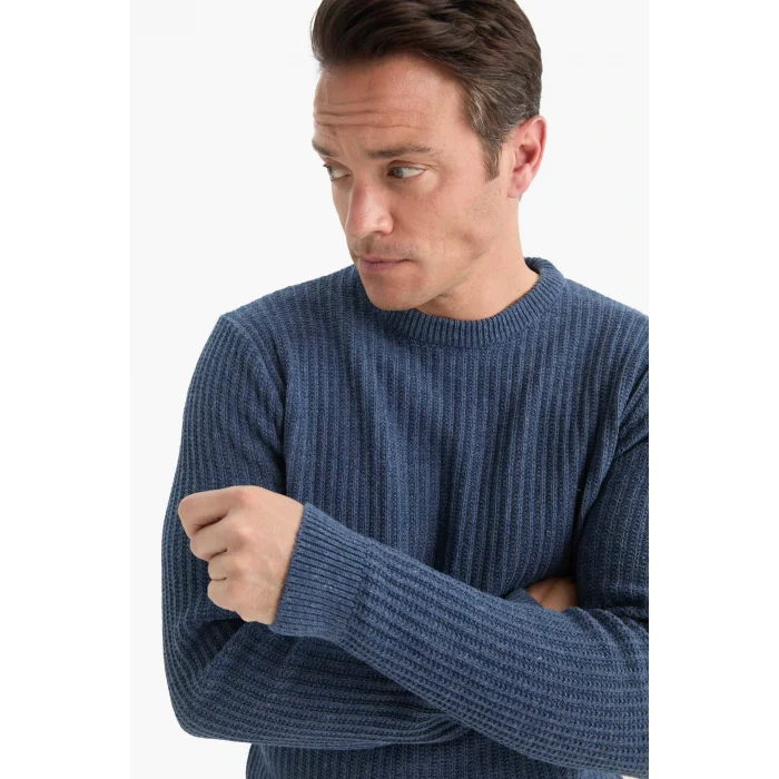 Defacto E0811AXIN34 İndigo Standart Fit Bisiklet Yaka Basic Dokulu Triko Kazak