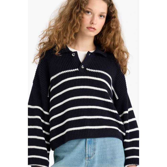 Defacto C4918AXNV31 Lacivert Coool Relax Fit Polo Yaka Düğmeli Çizgili Triko Kazak