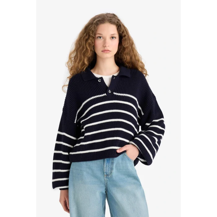 Defacto C4918AXNV31 Lacivert Coool Relax Fit Polo Yaka Düğmeli Çizgili Triko Kazak