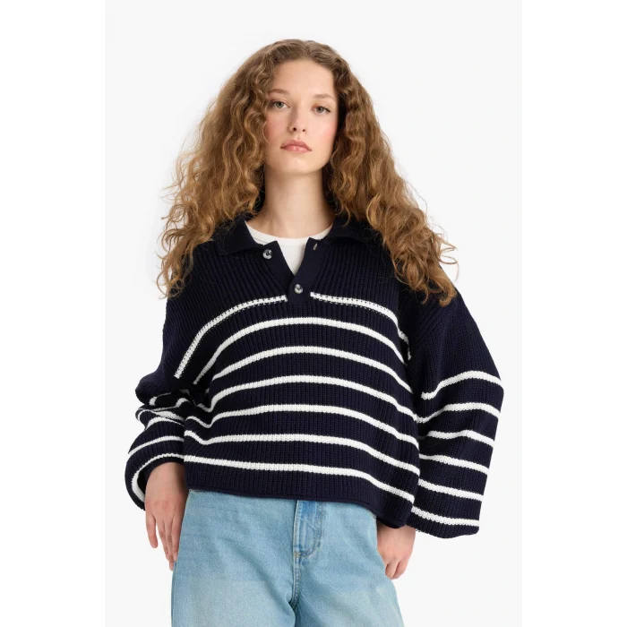 Defacto C4918AXNV31 Lacivert Coool Relax Fit Polo Yaka Düğmeli Çizgili Triko Kazak