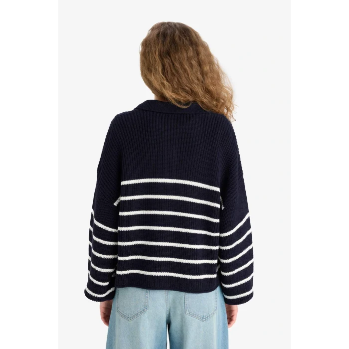 Defacto C4918AXNV31 Lacivert Coool Relax Fit Polo Yaka Düğmeli Çizgili Triko Kazak