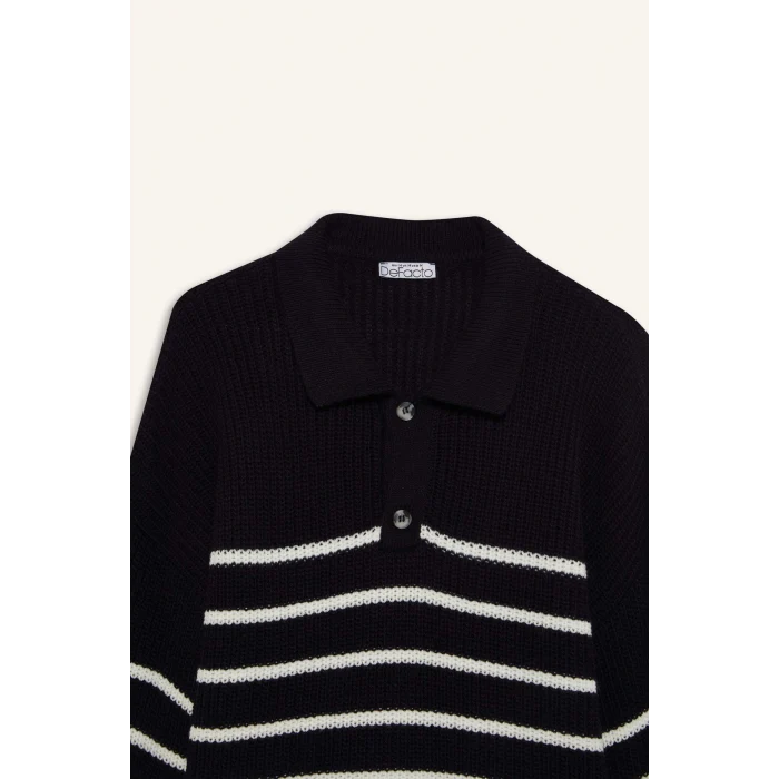 Defacto C4918AXNV31 Lacivert Coool Relax Fit Polo Yaka Düğmeli Çizgili Triko Kazak