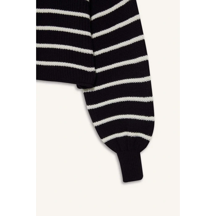 Defacto C4918AXNV31 Lacivert Coool Relax Fit Polo Yaka Düğmeli Çizgili Triko Kazak