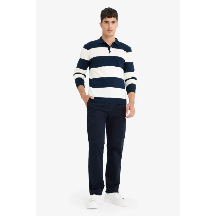 Defacto Y4194AZNV64 Lacivert Standart Fit Polo Yaka Düğmeli Renk Bloklu Triko Kazak