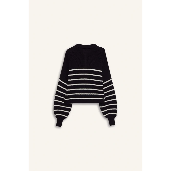 Defacto C4918AXNV31 Lacivert Coool Relax Fit Polo Yaka Düğmeli Çizgili Triko Kazak