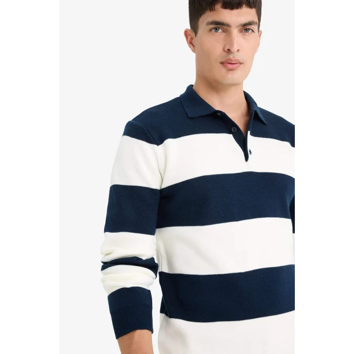 Defacto Y4194AZNV64 Lacivert Standart Fit Polo Yaka Düğmeli Renk Bloklu Triko Kazak