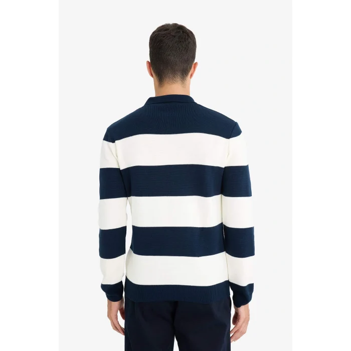 Defacto Y4194AZNV64 Lacivert Standart Fit Polo Yaka Düğmeli Renk Bloklu Triko Kazak