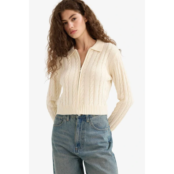 Defacto A3331AXER103 Ekru Regular Fit Polo Yaka Fermuarlı Triko Hırka