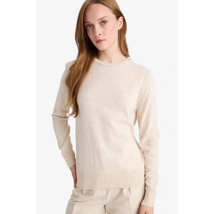 Defacto F4084AXBG300 Bej Regular Fit Bisiklet Yaka Triko Kazak