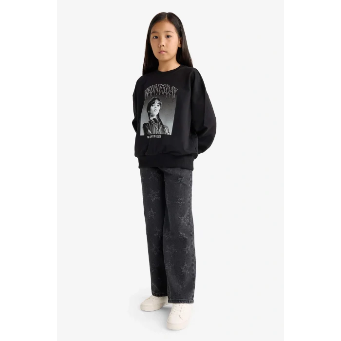 Defacto G0440A8BK81 Siyah Kız Çocuk Wednesday Oversize Geniş Kalıp Bisiklet Yaka Sweatshirt