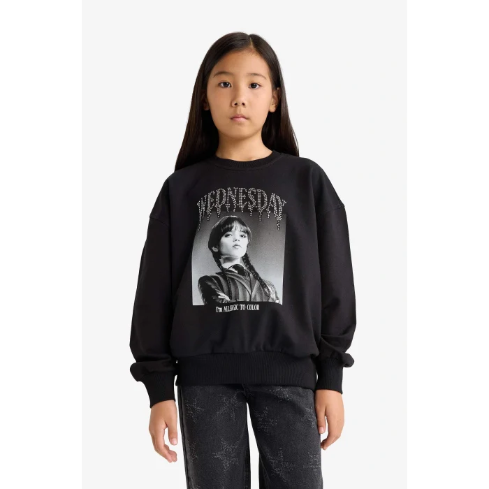 Defacto G0440A8BK81 Siyah Kız Çocuk Wednesday Oversize Geniş Kalıp Bisiklet Yaka Sweatshirt