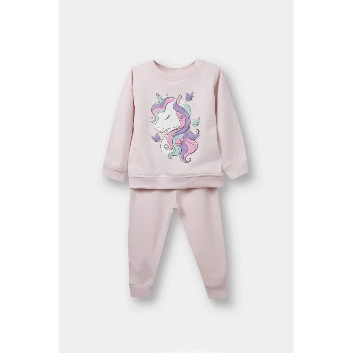 Defacto F0541A5PN38 Pembe Kız Bebek 2li Takım Unicorn Baskılı İçi Yumuşak Tüylü Sweatshirt Eşofman Altı