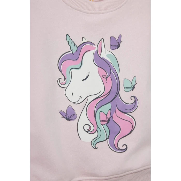 Defacto F0541A5PN38 Pembe Kız Bebek 2li Takım Unicorn Baskılı İçi Yumuşak Tüylü Sweatshirt Eşofman Altı