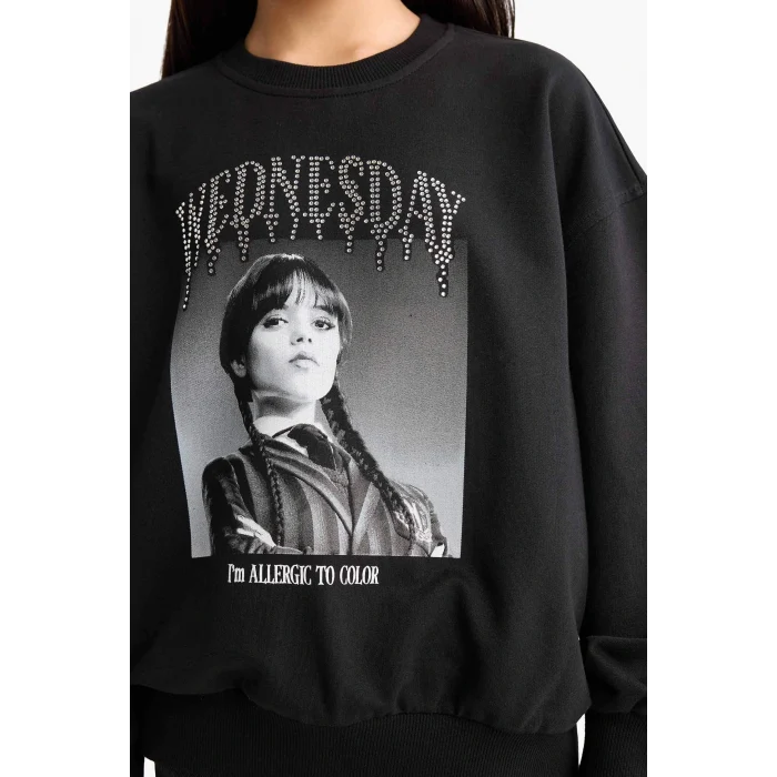 Defacto G0440A8BK81 Siyah Kız Çocuk Wednesday Oversize Geniş Kalıp Bisiklet Yaka Sweatshirt
