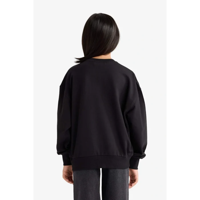Defacto G0440A8BK81 Siyah Kız Çocuk Wednesday Oversize Geniş Kalıp Bisiklet Yaka Sweatshirt