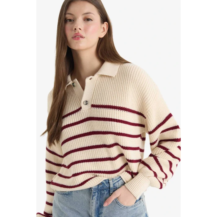 Defacto C4918AXBG647 Bej Coool Relax Fit Polo Yaka Düğmeli Çizgili Triko Kazak