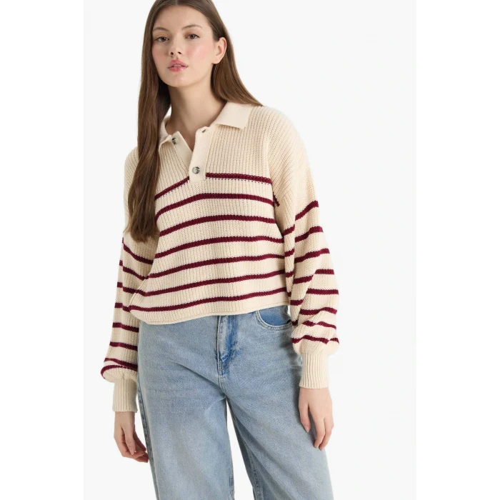 Defacto C4918AXBG647 Bej Coool Relax Fit Polo Yaka Düğmeli Çizgili Triko Kazak