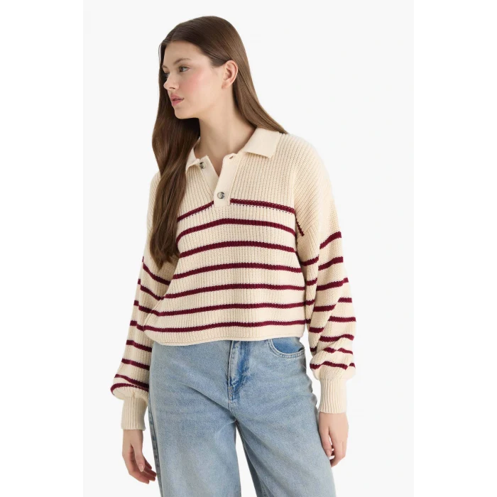 Defacto C4918AXBG647 Bej Coool Relax Fit Polo Yaka Düğmeli Çizgili Triko Kazak