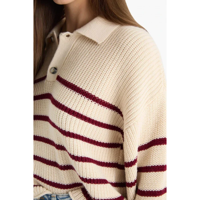 Defacto C4918AXBG647 Bej Coool Relax Fit Polo Yaka Düğmeli Çizgili Triko Kazak