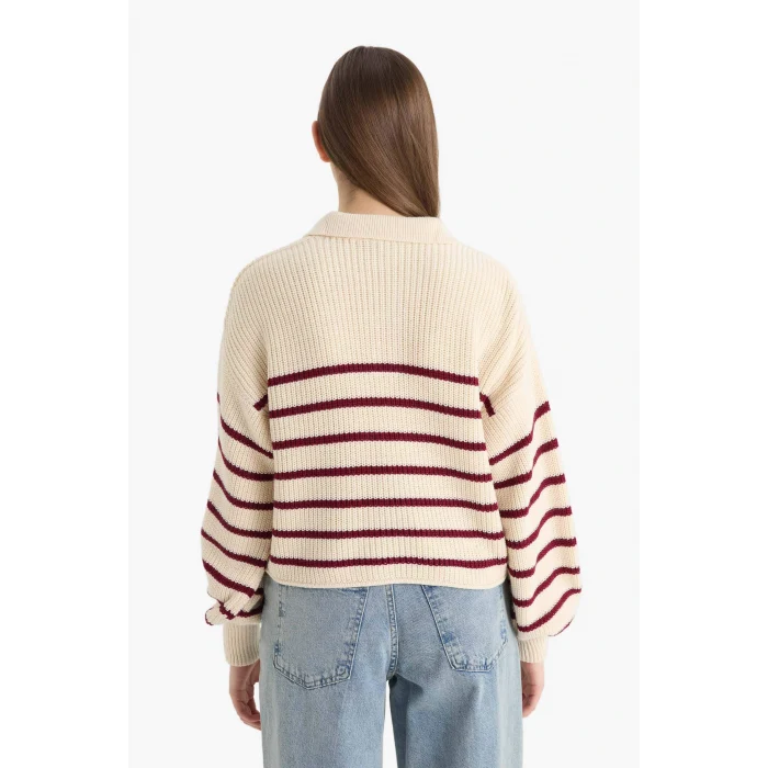 Defacto C4918AXBG647 Bej Coool Relax Fit Polo Yaka Düğmeli Çizgili Triko Kazak