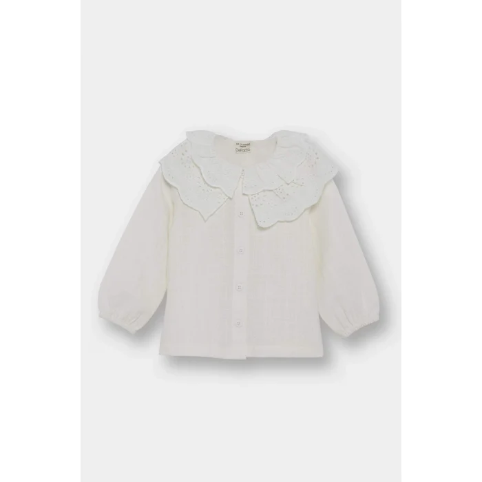 Defacto F9519A5ER105 Ekru Kız Bebek Büyük Yaka Twill Uzun Kollu Gömlek